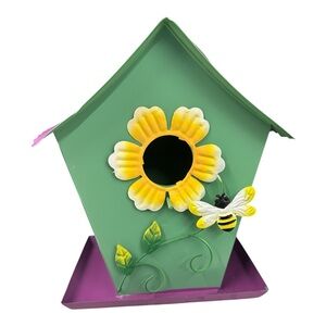 Green Birdhouse with Yellow Flower and Bee